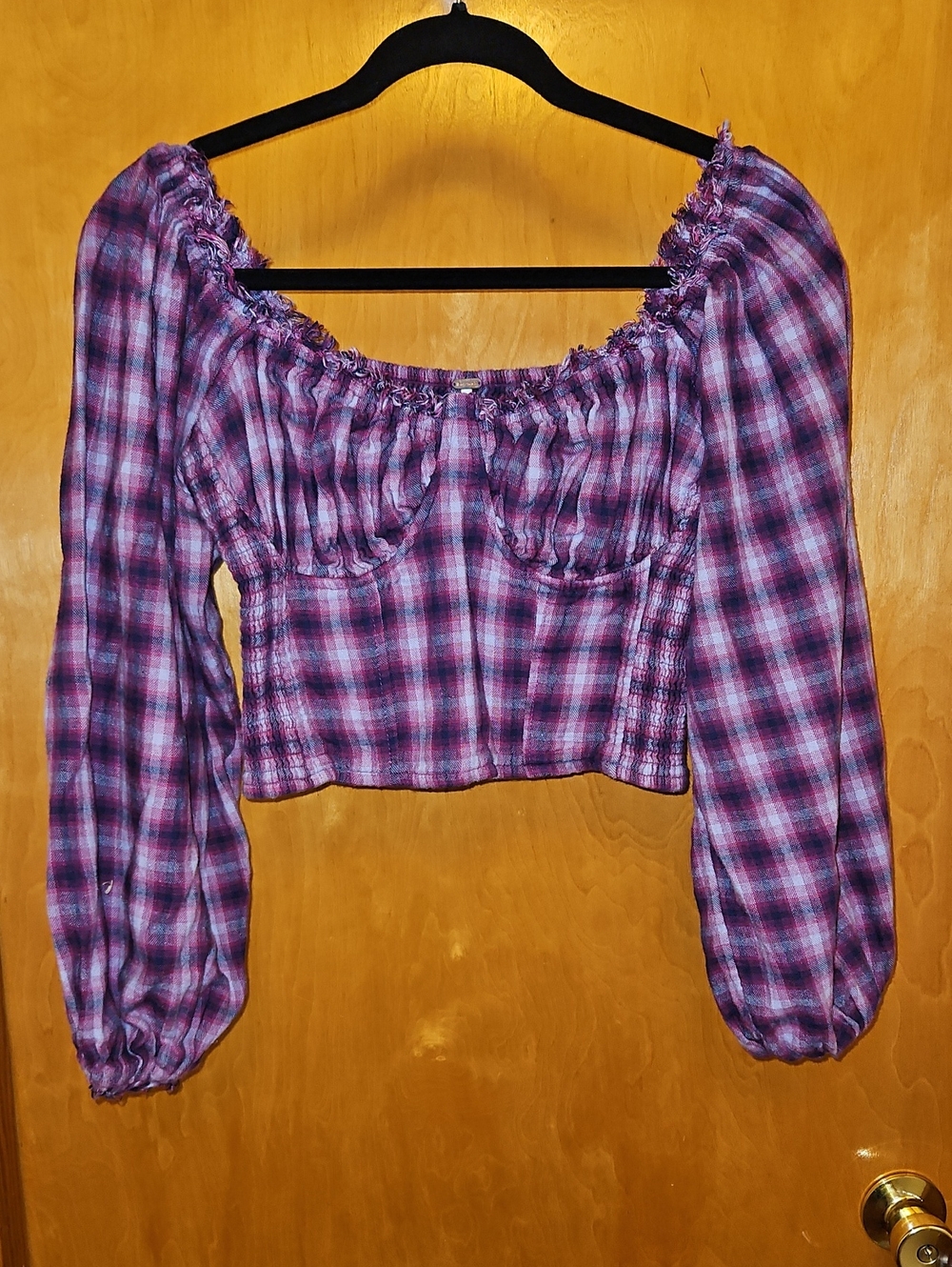 Free People Purple Plaid Off-Shoulder Crop Top